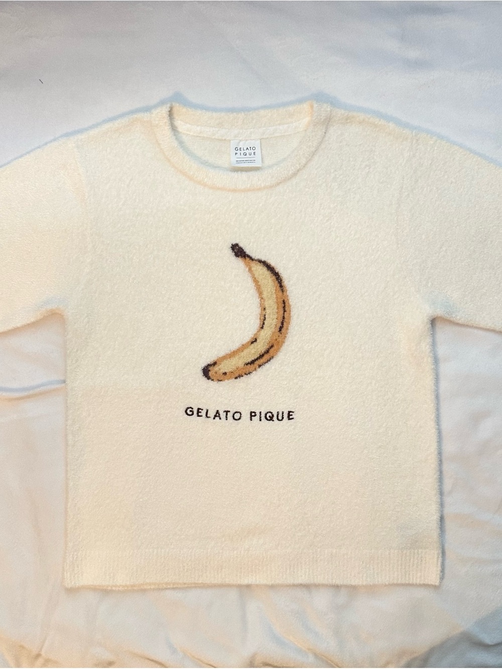 Gelato Pique Banana Fruit Jacquard Pullover Short Sleeve Fuzzy Ivory Sweater OS